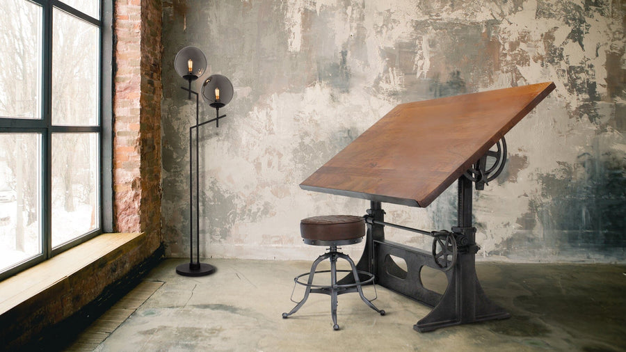 Industrial Adjustable Height Drafting Desk - Tilting Top - Cast Iron Base - Rustic Deco Incorporated