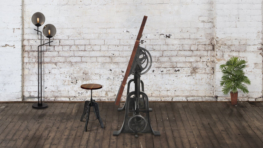 Industrial Architect's Drafting Desk - Adjustable Crank Cast Iron Base - Tilt Top - Rustic Deco Incorporated