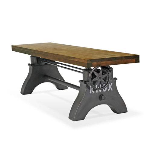 KNOX Adjustable Bench Dining to Bar Height - Industrial Iron Crank - Natural Top Bench Rustic Deco