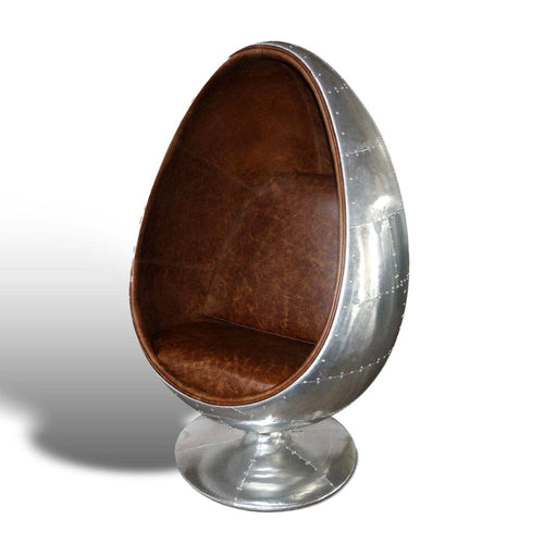 Aviator Egg Pod Easy Chair - Genuine Leather - Polished Aluminum Ovalia - Rustic Deco Incorporated