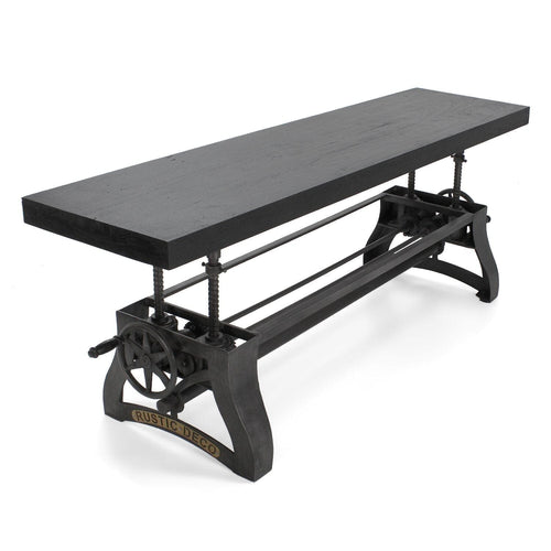 Crescent Industrial Dining Bench - Adjustable Iron Base - Rustic Ebony Seat - Rustic Deco Incorporated