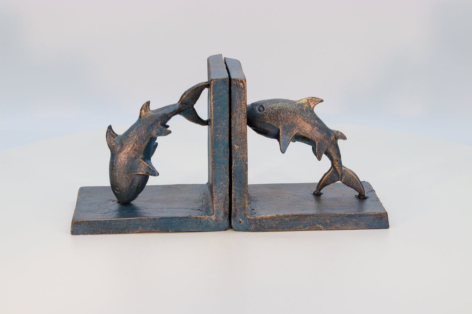 Dolphin Bookends - Sea Blue Over Brass - Metal - Cast Iron - Pair
