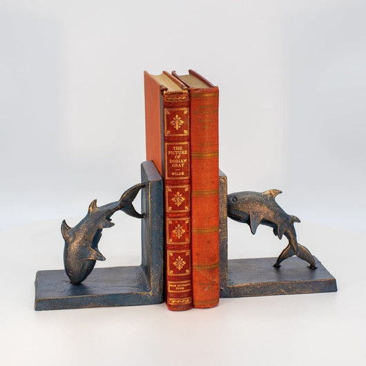 Dolphin Bookends - Sea Blue over Brass - Metal - Cast Iron - Pair