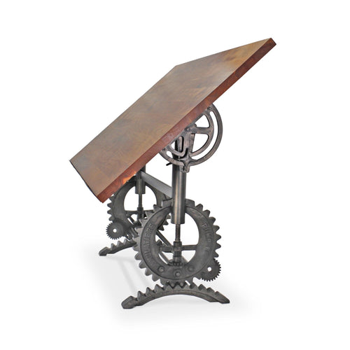 French Industrial Writing Table Drafting Desk - Sit Stand Adjustable - Tilt Top - Rustic Deco Incorporated