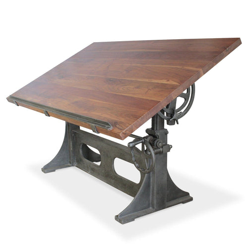 Industrial Adjustable Height Drafting Desk - Tilting Top - Cast Iron Base - Rustic Deco Incorporated