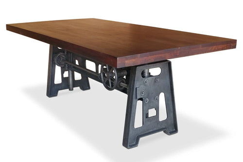 Industrial Dining Table - Cast Iron Base - Adjustable Height Crank - Mahogany - Rustic Deco Incorporated