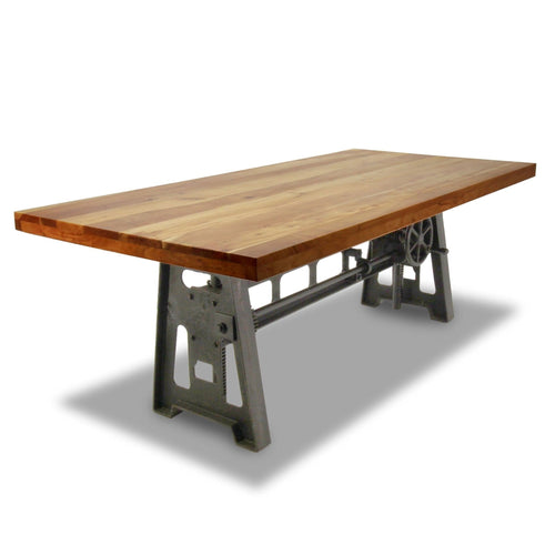 Industrial Dining Table - Cast Iron Base - Adjustable Height Crank - Natural Top - Rustic Deco Incorporated