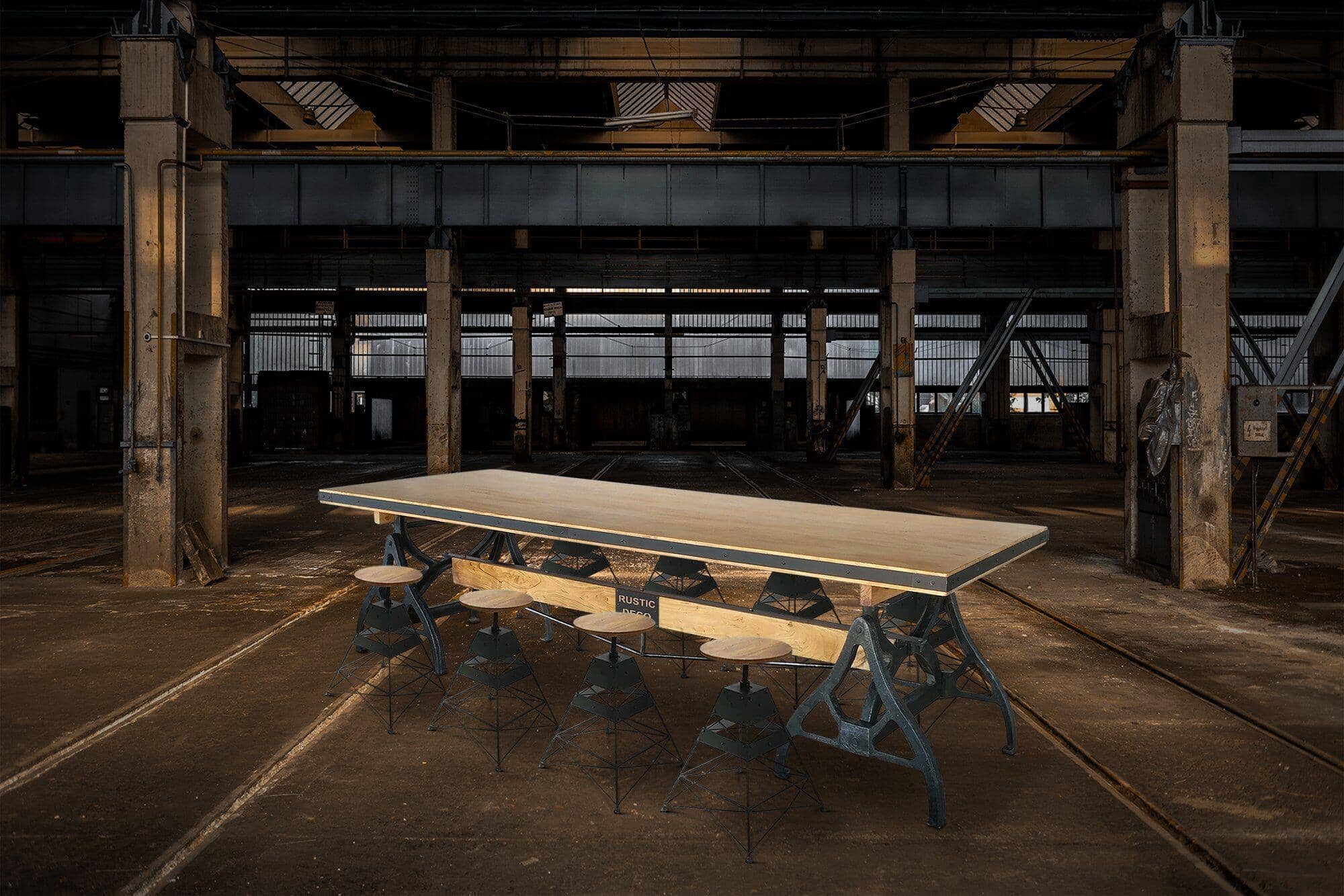 Industrial Sawhorse Conference Table - Iron Base - Wood Beam